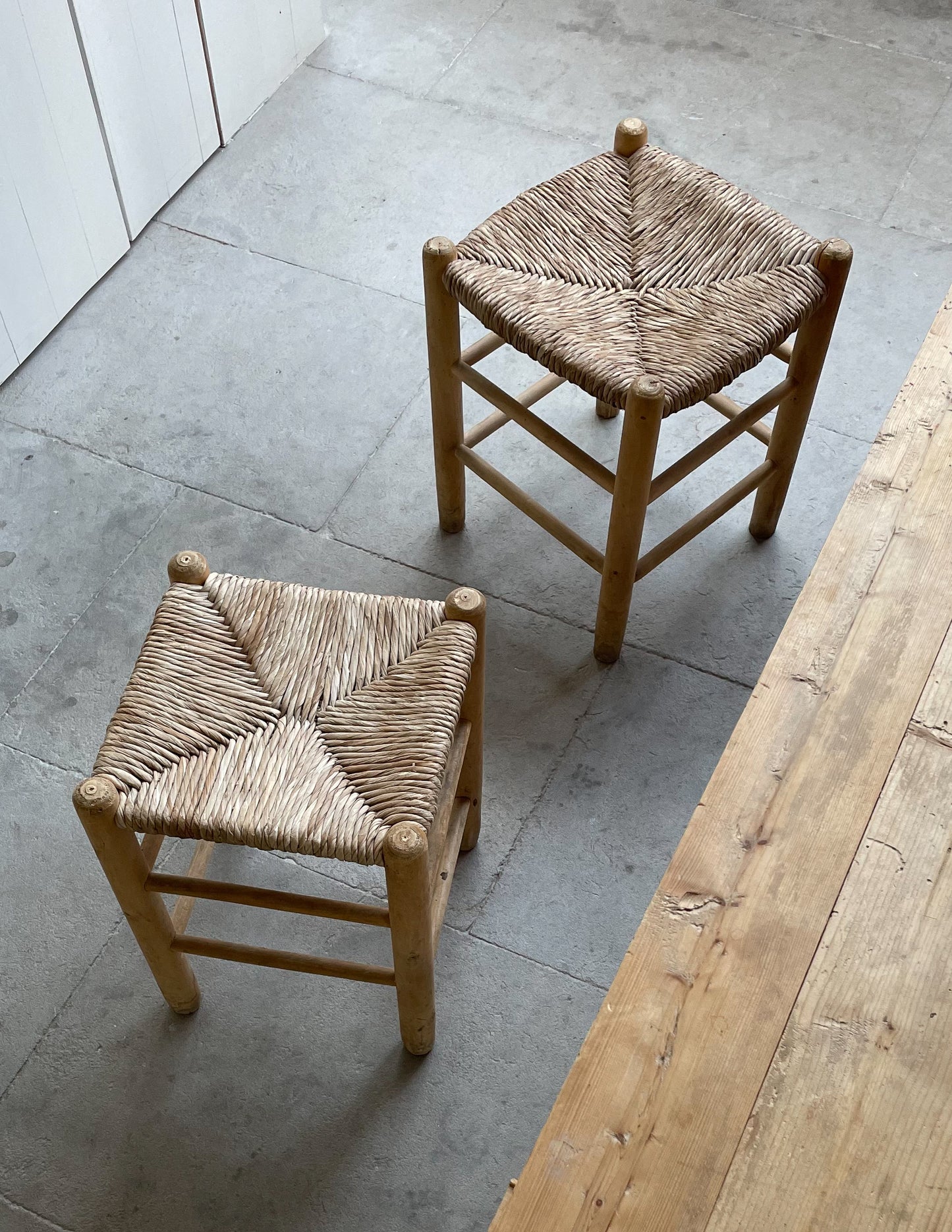PAIR OF FRENCH STRAW STOOLS, 1960s