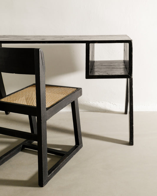 PIERRE JEANNERET BLACK DESK AND CHAIR, 1950s