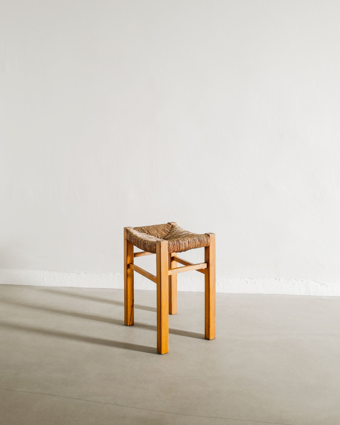 FRENCH WOODEN STRAW STOOL, 1960s