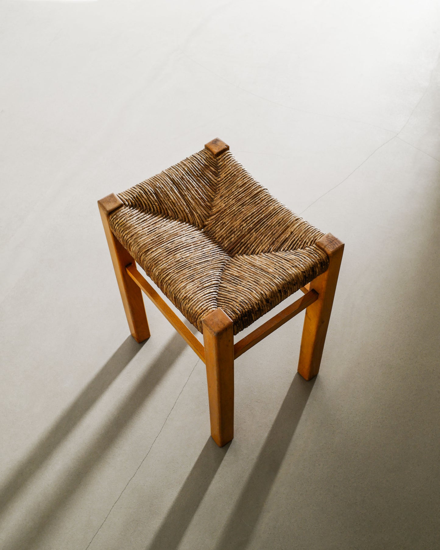 FRENCH WOODEN STRAW STOOL, 1960s