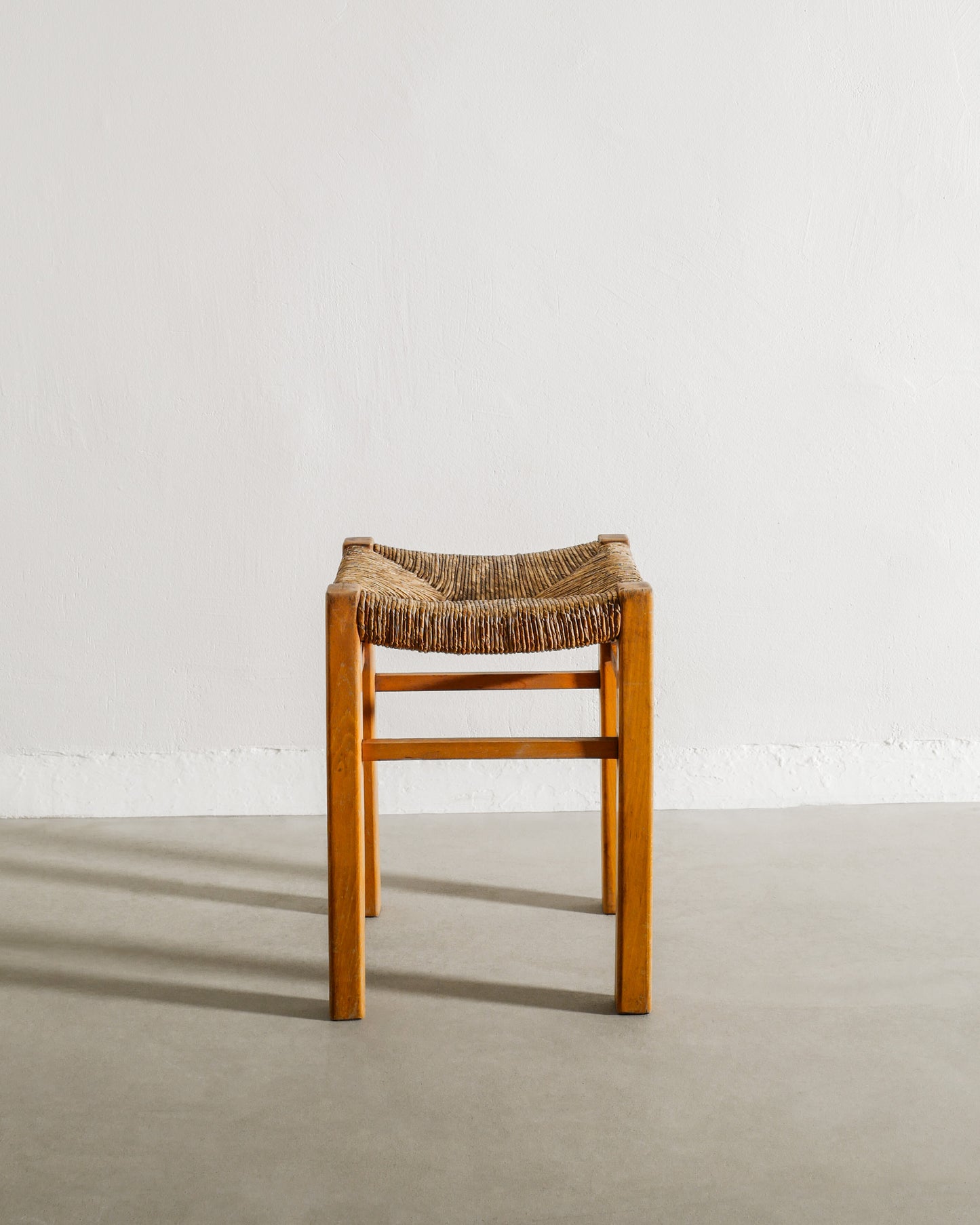 FRENCH WOODEN STRAW STOOL, 1960s