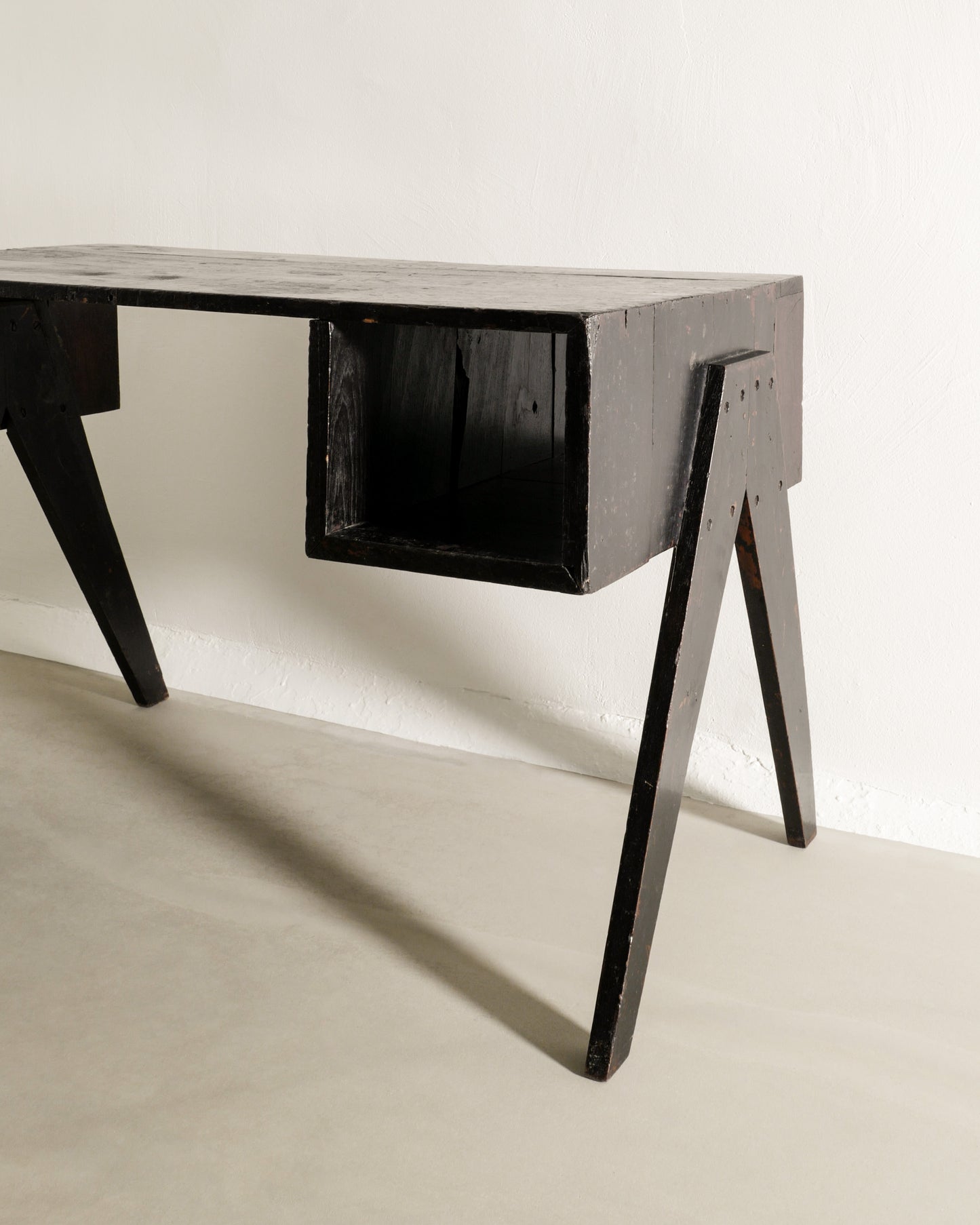 PIERRE JEANNERET BLACK DESK AND CHAIR, 1950s