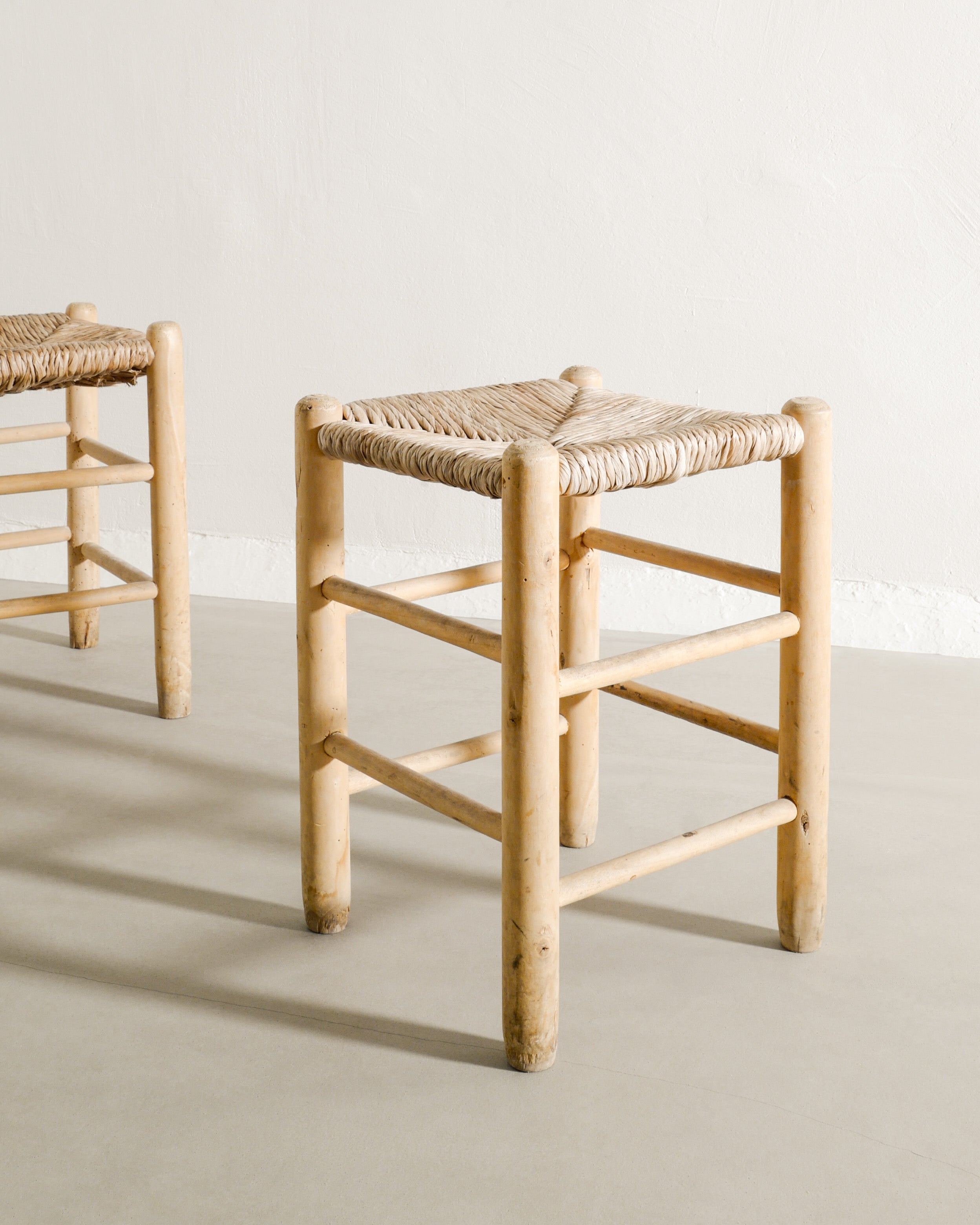 FRENCH STRAW STOOLS, 1960s