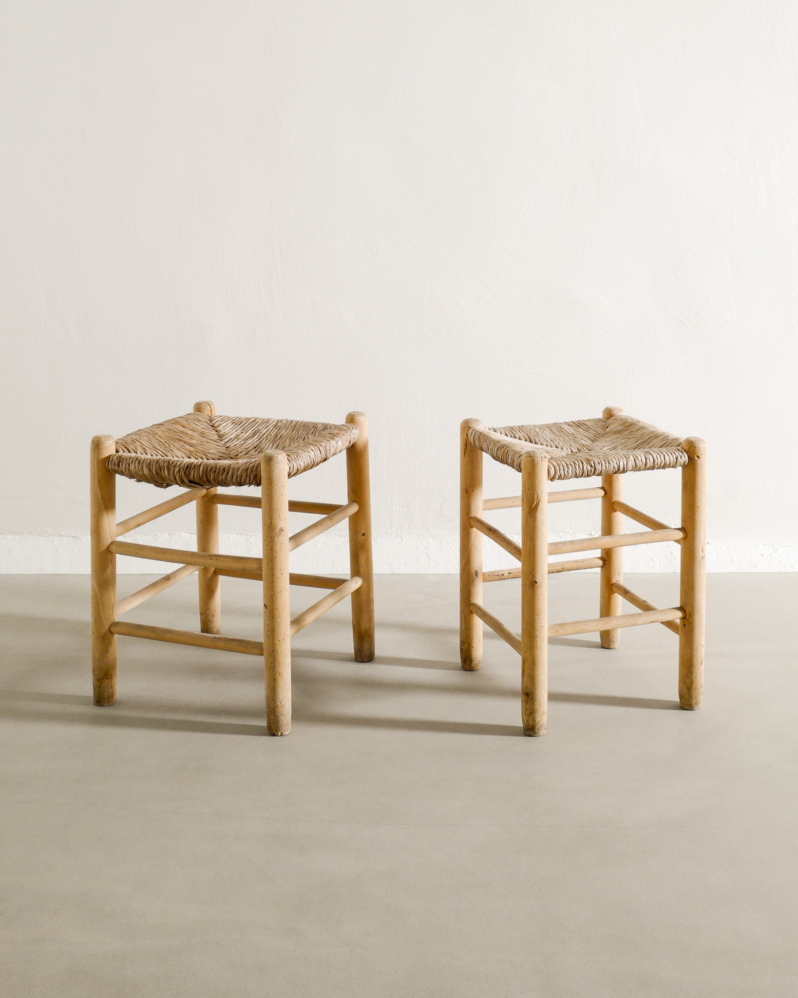 PAIR OF FRENCH STRAW STOOLS, 1960s