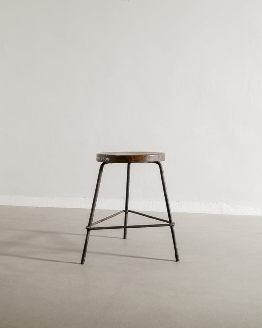 PIERRE JEANNERET TEAK AND IRON STOOL, 1950s