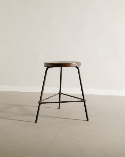 PIERRE JEANNERET TEAK AND IRON LOW STOOL, 1950s