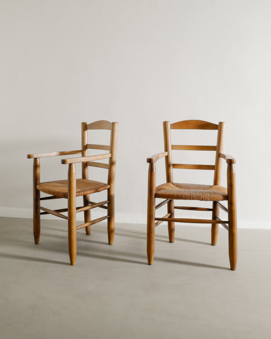 FRENCH WOODEN ARMCHAIRS IN ELM, 1950s