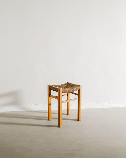 FRENCH WOODEN STRAW STOOL, 1960s