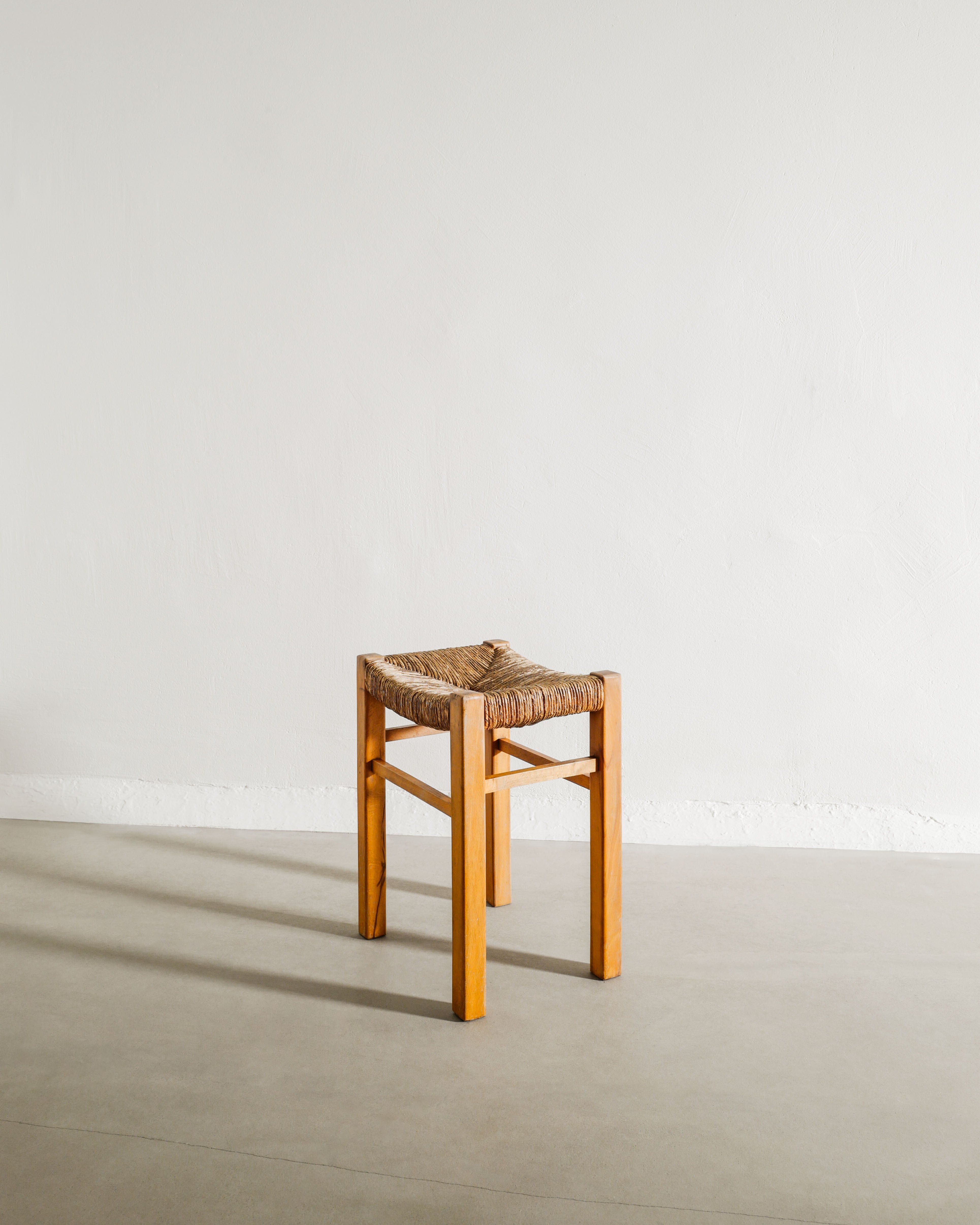 FRENCH WOODEN STRAW STOOL, 1960s