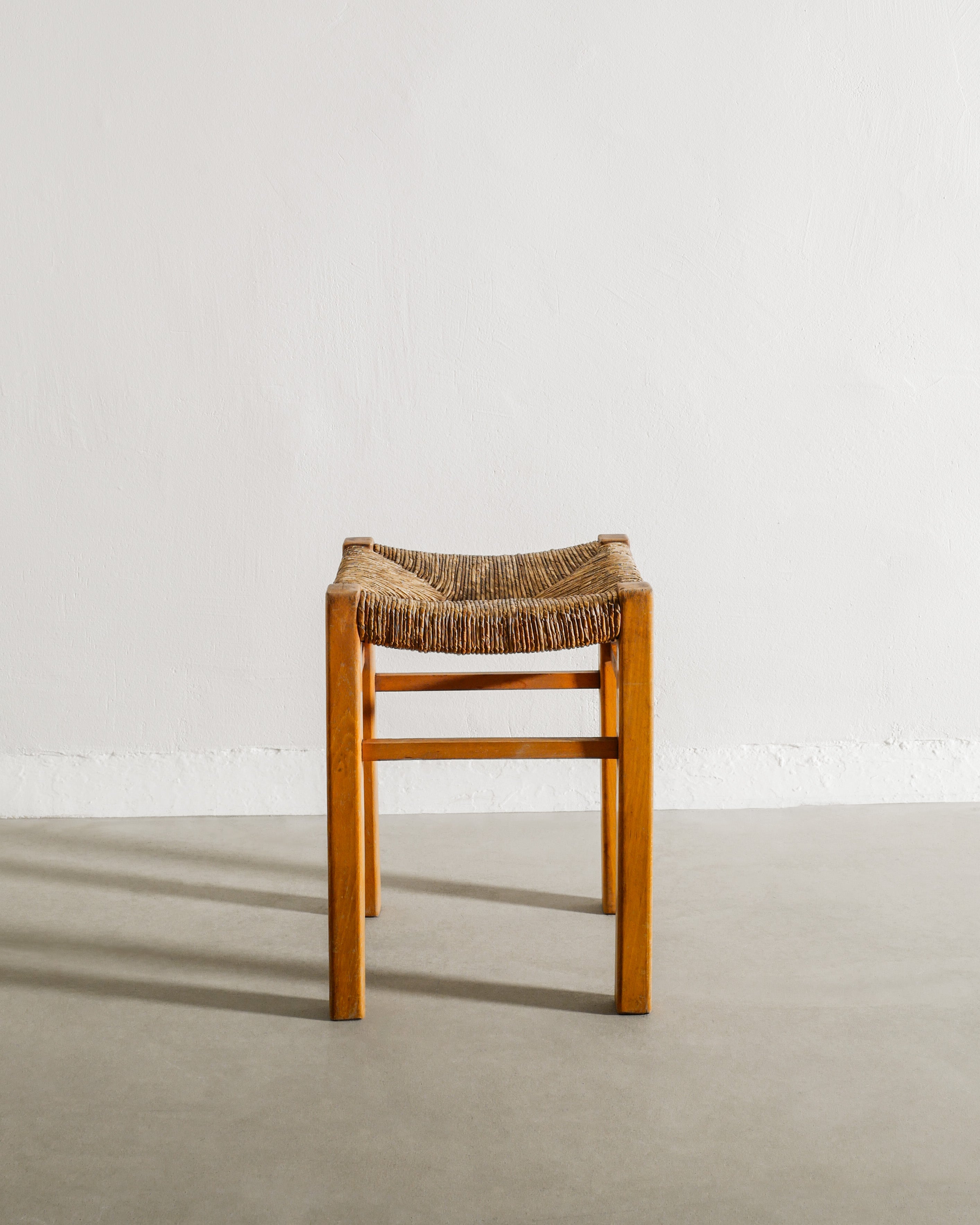 FRENCH WOODEN STRAW STOOL, 1960s