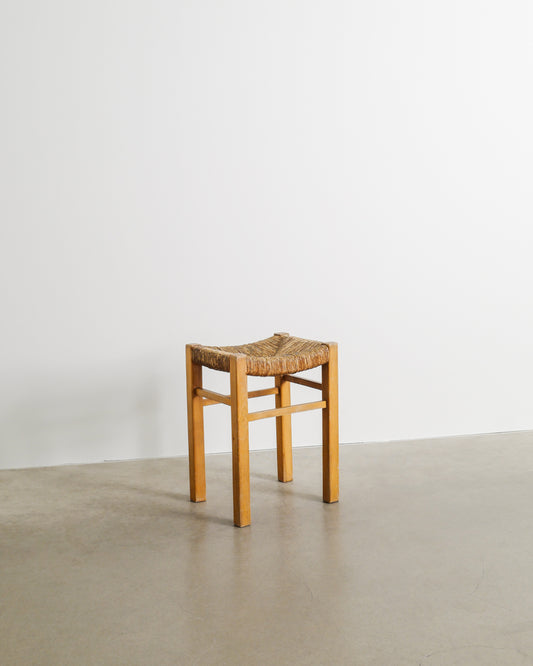 FRENCH WOODEN STRAW STOOL, 1960s