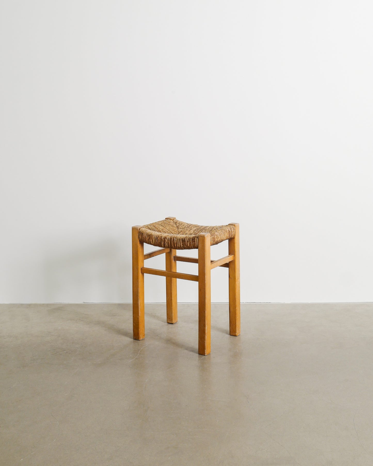 FRENCH WOODEN STRAW STOOL, 1960s