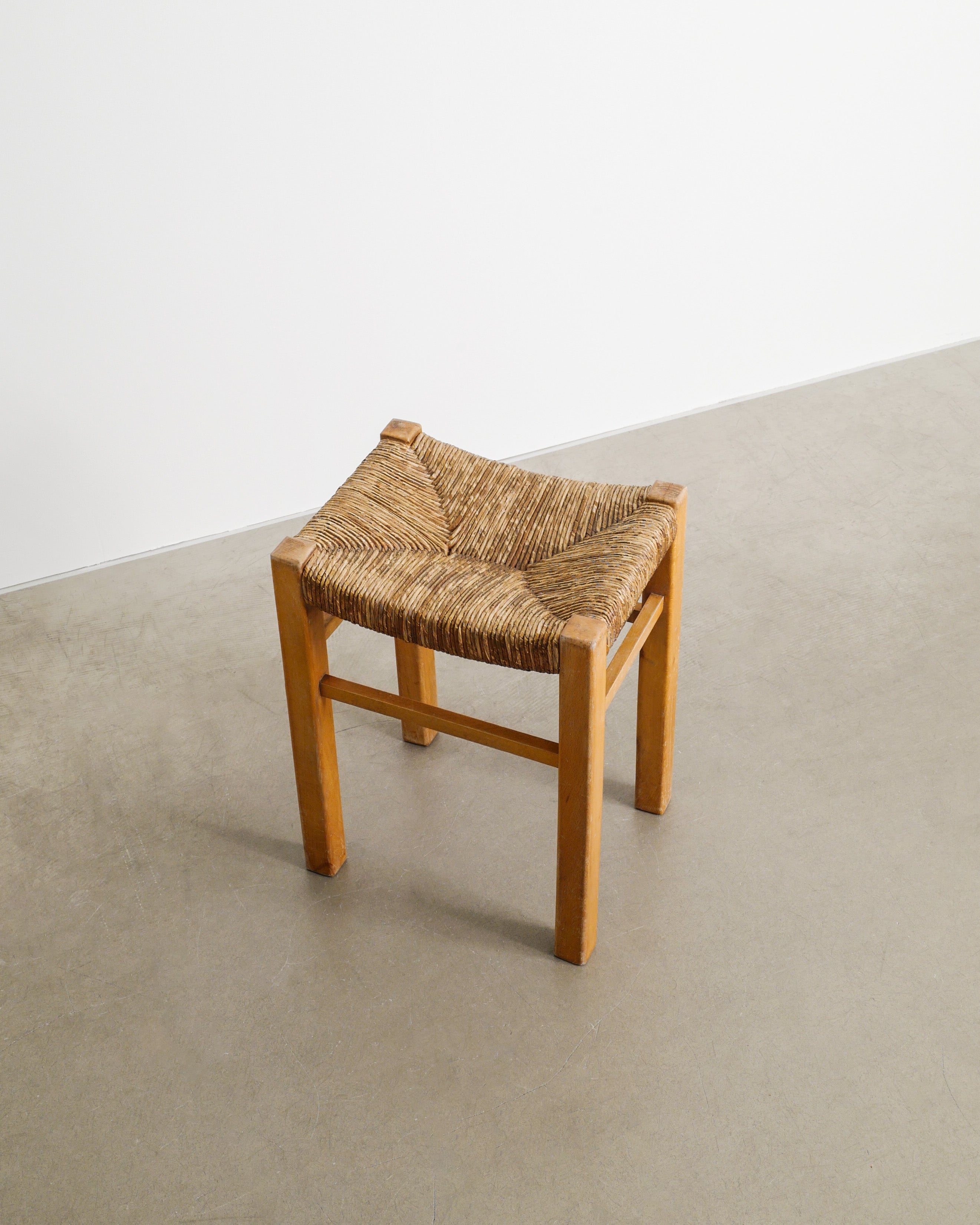 FRENCH WOODEN STRAW STOOL, 1960s
