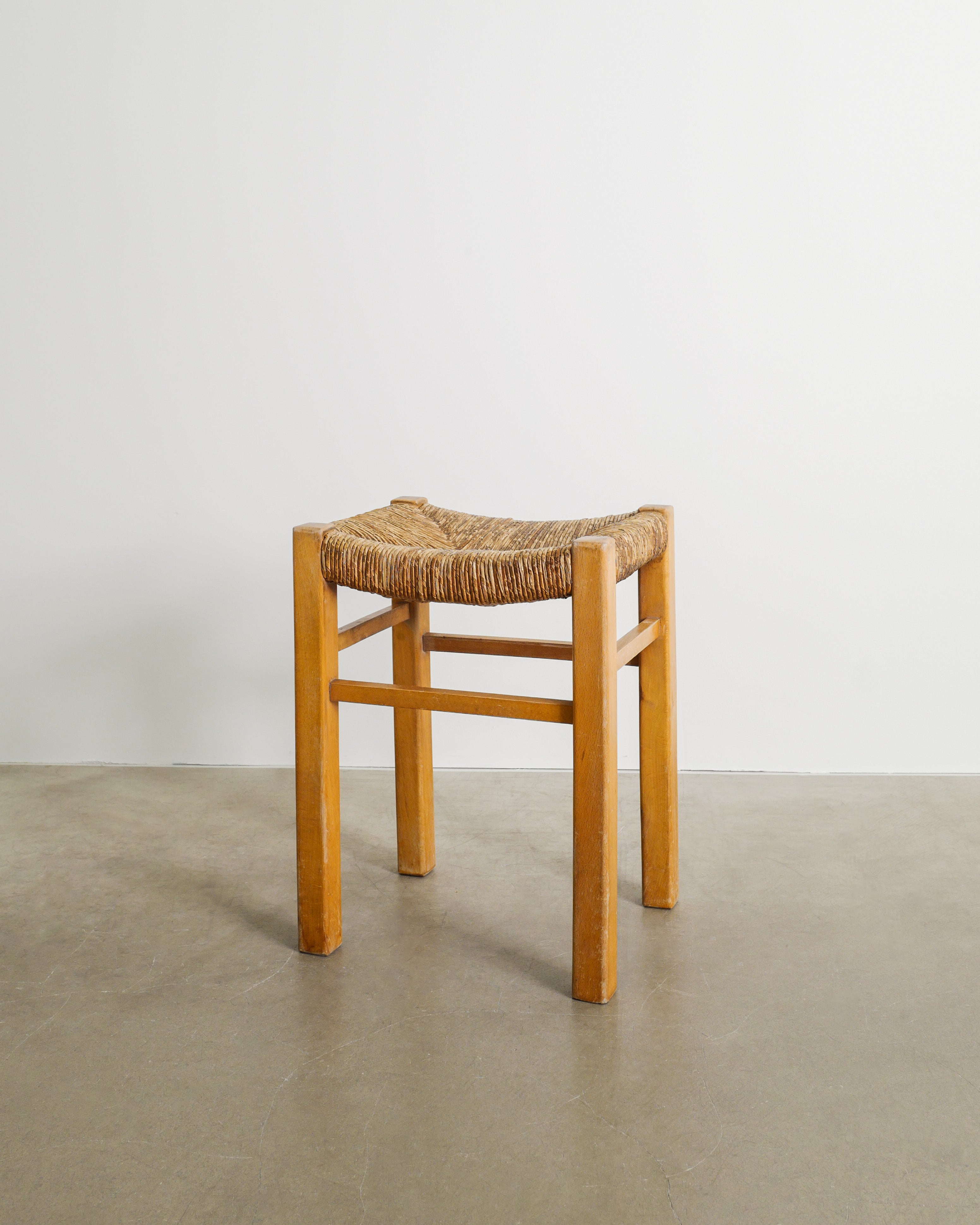 FRENCH WOODEN STRAW STOOL, 1960s