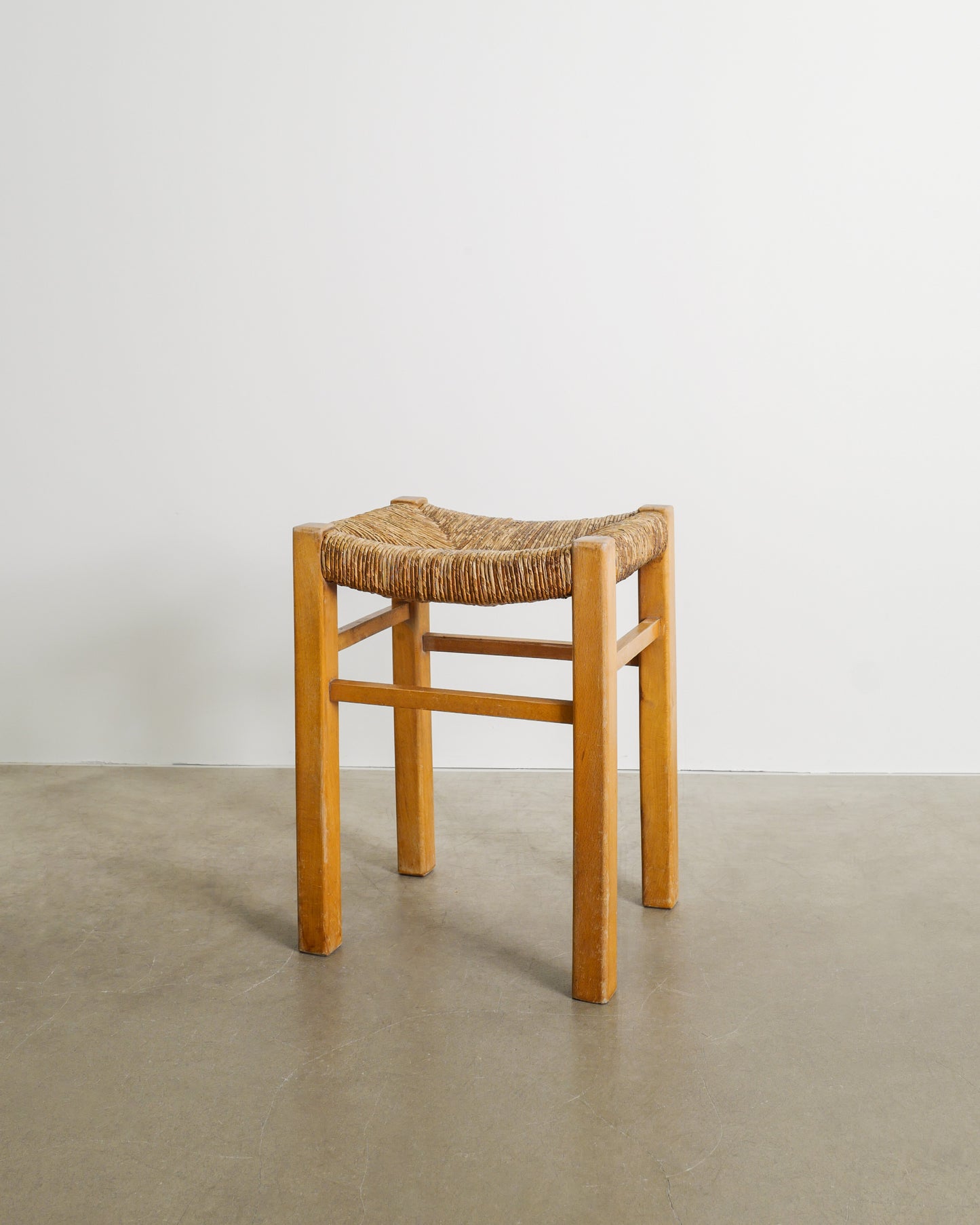 FRENCH WOODEN STRAW STOOL, 1960s